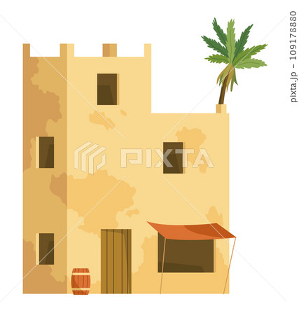 Middle east. Arabic desert with traditional mud brick houses. Ancient building. Flat vector illustration 109178880