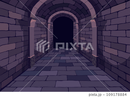 Dark Dungeon. Long medieval castle corridor with torches. Interior of ancient Palace with stone arch. Vector illustration 109178884