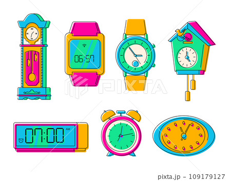 Different generations of watches - line design style objects set 109179127