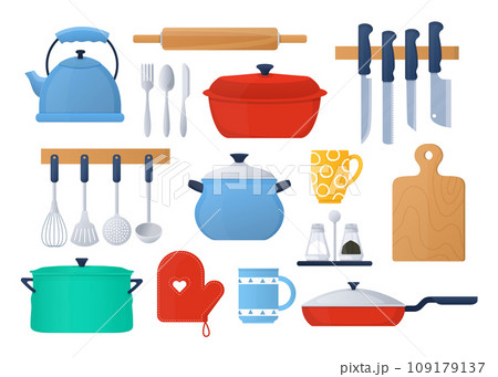 Kitchen utensils and crockery - flat design style objects set 109179137