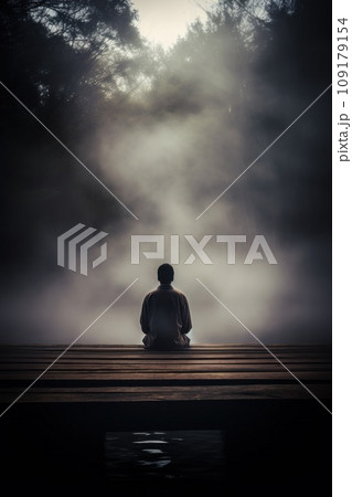 Tranquil woman meditates sitting in lotus pose on pier by calm river on autumn day 109179154