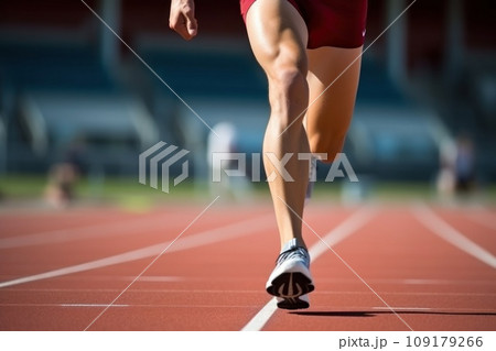 Strong sportsman in sneakers and shorts runs along track at sports stadium closeup 109179266