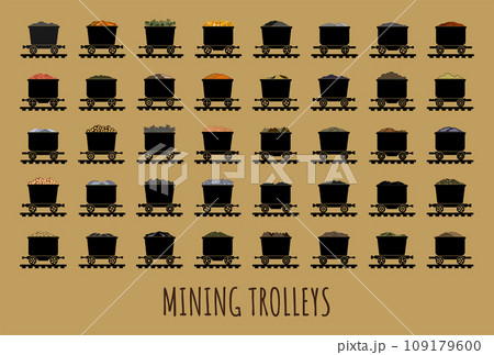 Set of vector illustrations of mining carts with different types of ore. 109179600
