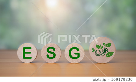 A circular wooden board is placed on a wooden floor with letters printed showing ESG concepts for sustainable environment, society and governance. Businesses are environmentally responsible. A circular wooden board is placed on a wooden floor with letters printed showing ESG concepts for sustainable environment, society and governance. Businesses are environmentally responsible. 109179836