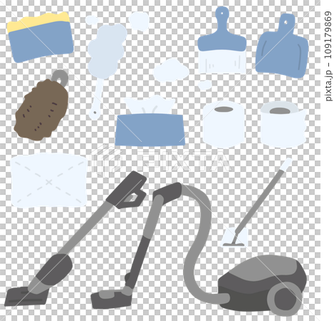 シンプルにデフォルメした色々な掃除用具のカラーイラストセット 109179869
