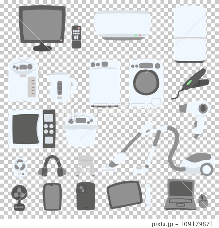 Color illustration set of various simple deformed home appliances Color illustration set of various simple deformed home appliances 109179871