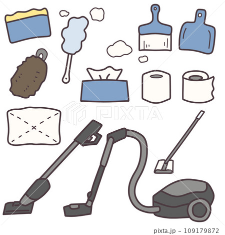 シンプルにデフォルメした色々な掃除用具のカラーイラストセット 109179872