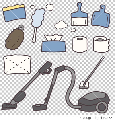 シンプルにデフォルメした色々な掃除用具のカラーイラストセット 109179872