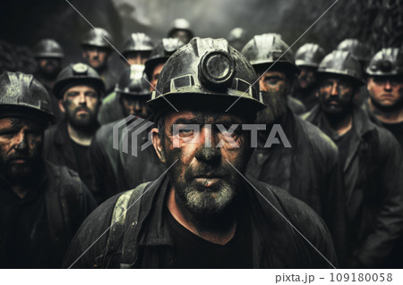 Brutal miners in safety helmets in a mine extract minerals coal 109180058