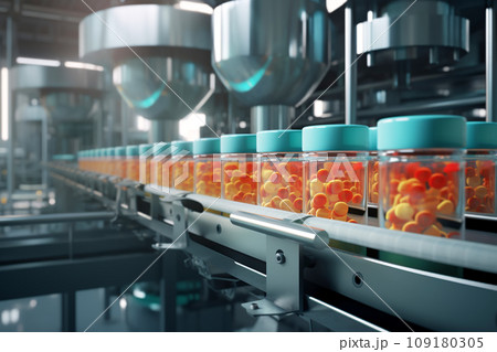 Automated Robotic vitamins, dietary supplements or medicine tablets Line. Pharmaceutical production plant indoors Automated Robotic vitamins, dietary supplements or medicine tablets Line. Pharmaceutical production plant indoors 109180305