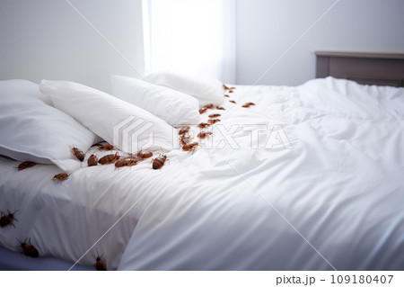 Bedbug colony on white sheet on bed in the bedroom close-up Bedbug colony on white sheet on bed in the bedroom close-up 109180407