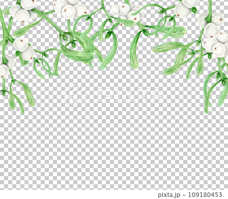 Frame, border of Mistletoe evergreen branches with leaves and white berries. Watercolor hand drawn botanical illustration of Christmas symbol. Clipart for winter prints, greetings, invitations Frame, border of Mistletoe evergreen branches with leaves and white berries. Watercolor hand drawn botanical illustration of Christmas symbol. Clipart for winter prints, greetings, invitations 109180453