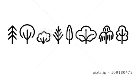 Hand drawn tree icons collection. Vector black line illustration isolated on white background. 109180475