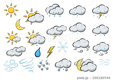 Weather symbols mega set in flat design. Bundle elements of sun, moon, clouds with rain, lightnings, snow, wind, thunderstorm, cute meteorology pictograms. Vector illustration isolated graphic objects Weather symbols mega set in flat design. Bundle elements of sun, moon, clouds with rain, lightnings, snow, wind, thunderstorm, cute meteorology pictograms. Vector illustration isolated graphic objects 109180544