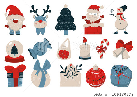 Christmas and New Years 2024 mega set in flat design. Bundle elements of gnome elf, reindeer, festive tree, Santa Claus, snowman, candies, gifts, other. Vector illustration isolated graphic objects 109180578