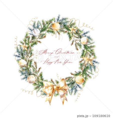 Watercolor wreath of fir branches, christmas gold and white balls and star with text Merry Christmas 109180610