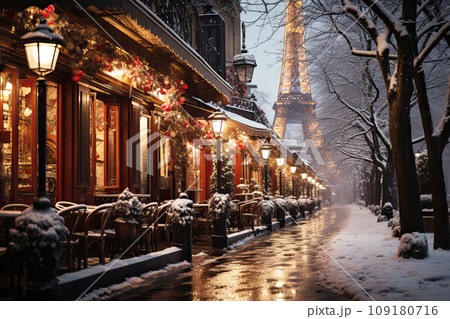 Paris, with festive lights and Christmas decorations, a light snowfall, and holiday-themed street decor, winter street Paris, with festive lights and Christmas decorations, a light snowfall, and holiday-themed street decor, winter street 109180716
