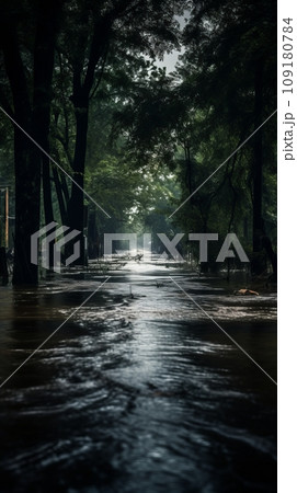 Flooded city streets after severe flooding 109180784