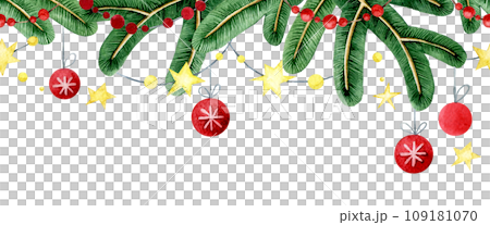 Christmas decoration, seamless watercolor border, frame. Christmas tree branches, Christmas balls and garlands. festive composition for the new year. Christmas decoration, seamless watercolor border, frame. Christmas tree branches, Christmas balls and garlands. festive composition for the new year. 109181070