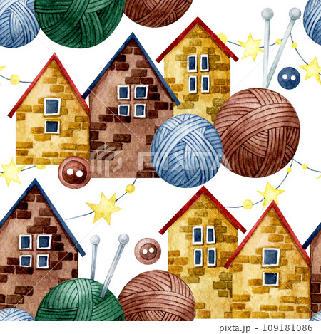 seamless watercolor pattern on the theme of Christmas, New Year. cute Christmas houses, balls of knitting yarn, knitting needles. handicrafts, hobbies seamless watercolor pattern on the theme of Christmas, New Year. cute Christmas houses, balls of knitting yarn, knitting needles. handicrafts, hobbies 109181086