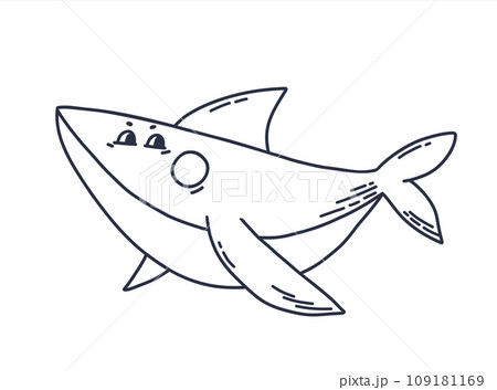 Shark in doodle style. Hand drawn sea animal line art for childrens stickers, postcard and coloring book Shark in doodle style. Hand drawn sea animal line art for childrens stickers, postcard and coloring book 109181169
