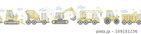 Truck Border Watercolor illustration. Seamless pattern of a toy car for a baby. Hand drawn clipart set on isolated background. For boys nursery wall art. Drawing of transport for frames and fabrics. Truck Border Watercolor illustration. Seamless pattern of a toy car for a baby. Hand drawn clipart set on isolated background. For boys nursery wall art. Drawing of transport for frames and fabrics. 109181236