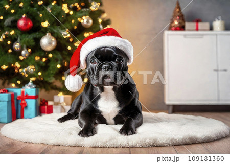 New Year's happiness pets. Black French Bulldog dog wearing a santa hat near the Christmas tree. 109181360