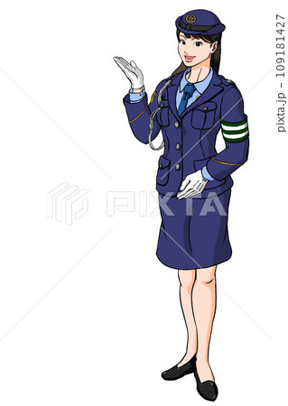 笑顔でご案内する若い女性警察官_交通腕章あり 109181427