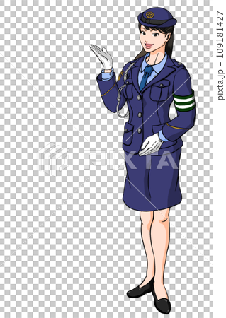笑顔でご案内する若い女性警察官_交通腕章あり 109181427