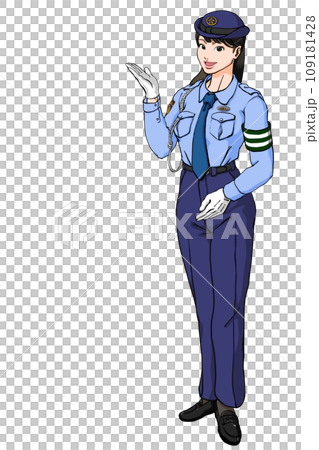 笑顔でご案内する若い女性警察官_夏服ズボン交通腕章ありのイラスト