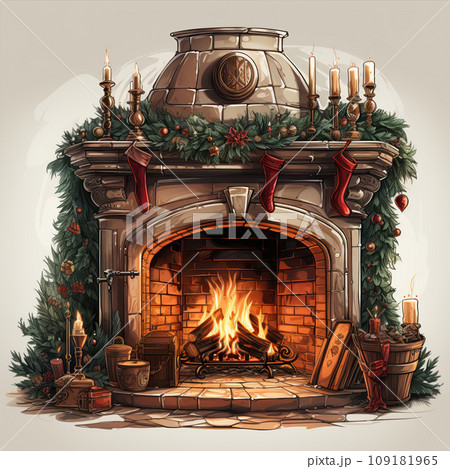 Fireplace decorated for Christmas and candles 109181965