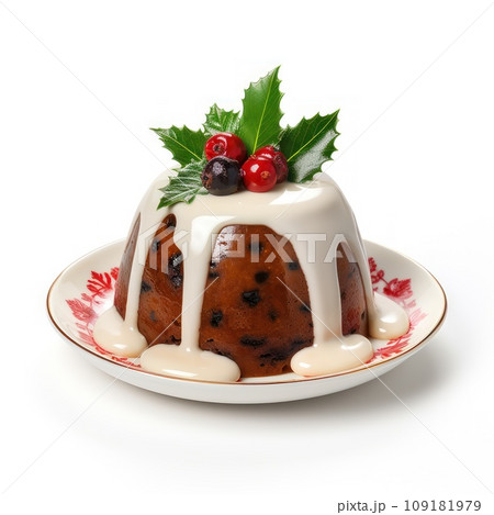 Christmas Pudding With a Sprig Of Holly Isolated On A White Background. 109181979