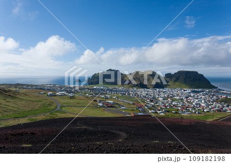Heimaey town aerial view from Eldfell volcano. 109182198