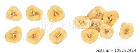 Dried banana chips isolated on white background with full depth of field. Top view. Flat lay 109182414