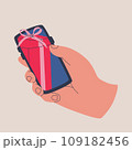 Human hand holds smartphone. Receiving gifts on web page or mobile phone app. Vector isolated illustration for design. 109182456