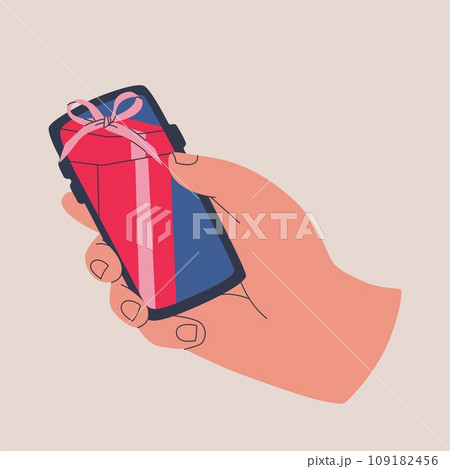 Human hand holds smartphone. Receiving gifts on web page or mobile phone app. Vector isolated illustration for design. Human hand holds smartphone. Receiving gifts on web page or mobile phone app. Vector isolated illustration for design. 109182456