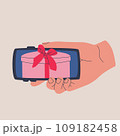 Human hand holds smartphone horizontal. Receiving gifts on web page or mobile phone app. Vector isolated illustration for design. 109182458