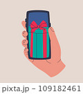 Human hand holds smartphone. Receiving gifts on web page or mobile phone app. Vector isolated illustration for design. 109182461
