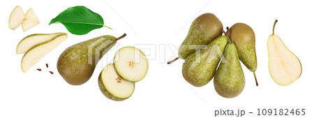 Green conference pear isolated on white background with full depth of field, Top view with copy space for your text. Flat lay 109182465
