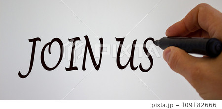 Hand writing 'join us', isolated on white background. 109182666