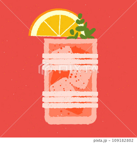 Cold cocktail with lemon and ice cubes. Tumbler glass. Vector with texture Cold cocktail with lemon and ice cubes. Tumbler glass. Vector with texture 109182802