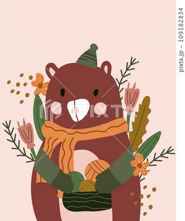 A cute bear in a hat and wrapped in a scarf is holding a basket with threads. Forest stylish animals. Flat leaves, flowers around. Ideal for posters, greeting cards and various creative projects. 109182834