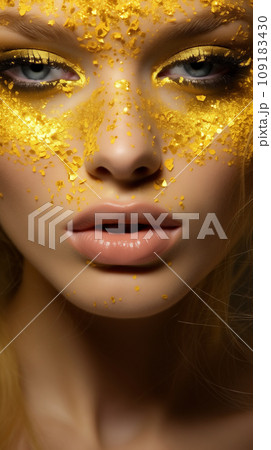 AI-generated content. Woman with unusual glitter glitzy yellow face beauty makeup 109183430