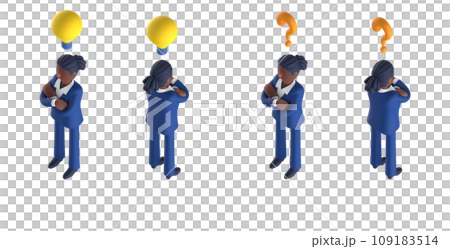 3DCG rendering of an isometric arrangement of a smart female character wearing a suit and tie 3DCG rendering of an isometric arrangement of a smart female character wearing a suit and tie 109183514