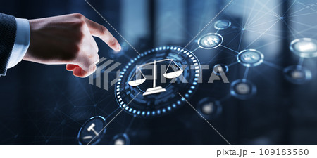 Justice and law concept. Icon Law on virtual screen. Blurred background Justice and law concept. Icon Law on virtual screen. Blurred background 109183560
