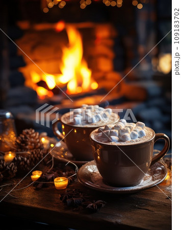 A mug of hot cocoa with marshmallows and spices is on a wooden table with candles. A mug of hot cocoa with marshmallows and spices is on a wooden table with candles. 109183702