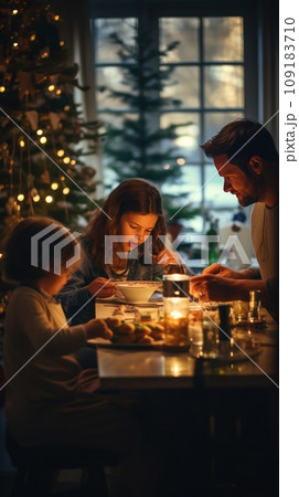 holidays, celebration and people concept - happy family having Christmas dinner at home. 109183710