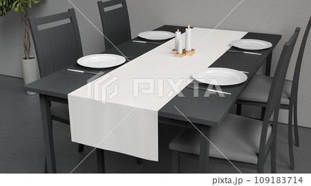Blank white table runner and dishes mockup crop, interior background Blank white table runner and dishes mockup crop, interior background 109183714