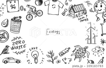 Ecology background. Zero waste banner or poster. Hand drawn eco transport, bio. Waste sorting and Ecology background. Zero waste banner or poster. Hand drawn eco transport, bio. Waste sorting and 109183783