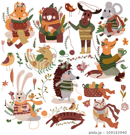 Cute forest animals in scarf and knitted sweaters are knitting and drinking tea, basket with threads. Cute mouse, fox, lazy cat, etc. Suitable for various creative projects. Vector. 109183940